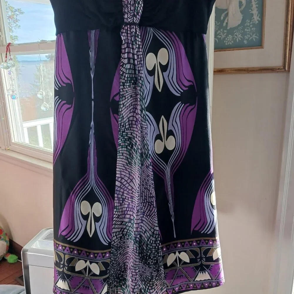Black Purple Lavender Print Single Cocktail Party Disco Art Dress Womens Large - Picture 2 of 6